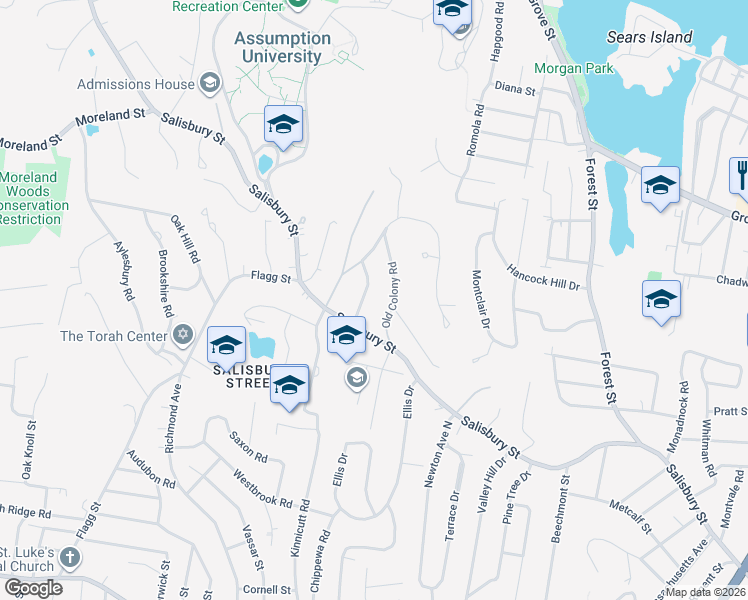 map of restaurants, bars, coffee shops, grocery stores, and more near 9 Old Colony Road in Worcester