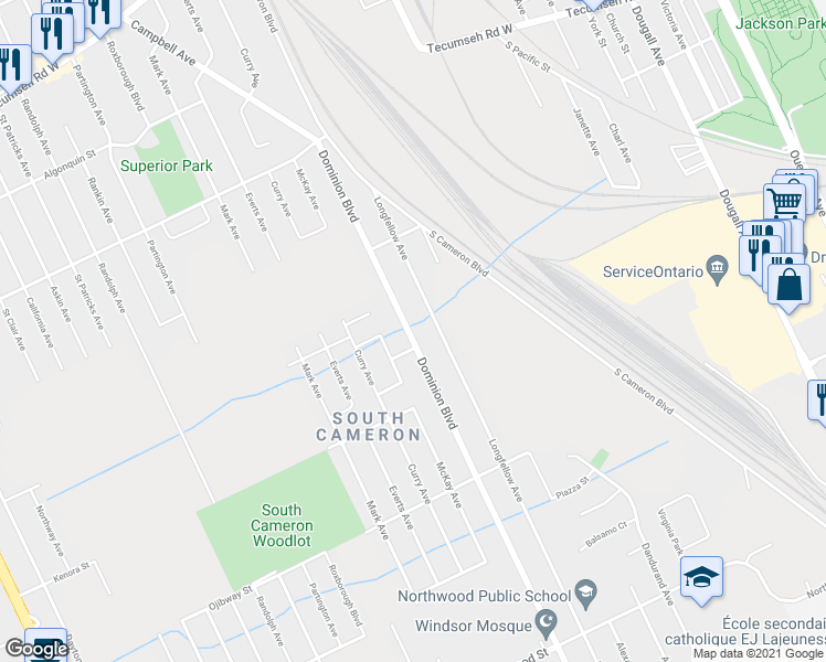 map of restaurants, bars, coffee shops, grocery stores, and more near 1950 Dominion Boulevard in Windsor