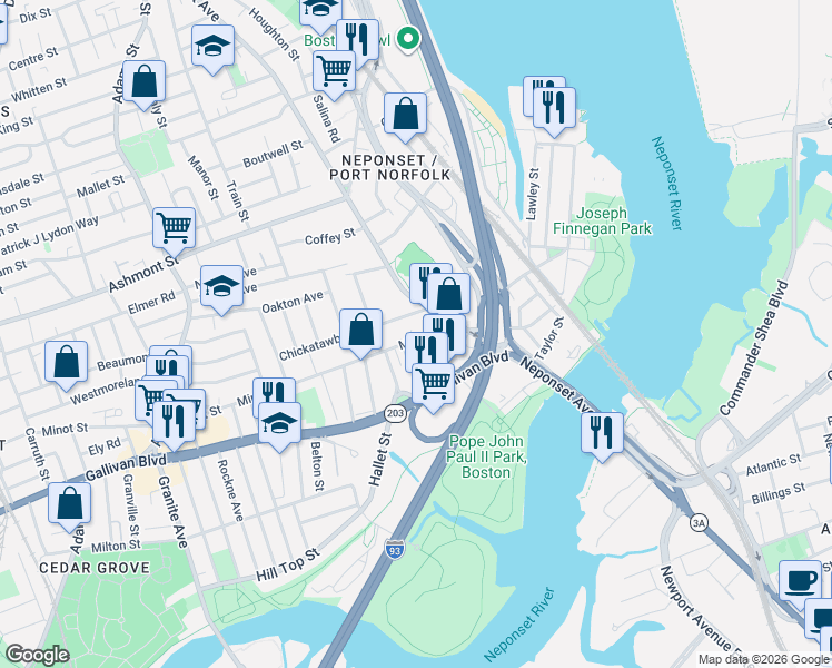 map of restaurants, bars, coffee shops, grocery stores, and more near 10 Chickatawbut Street in Boston