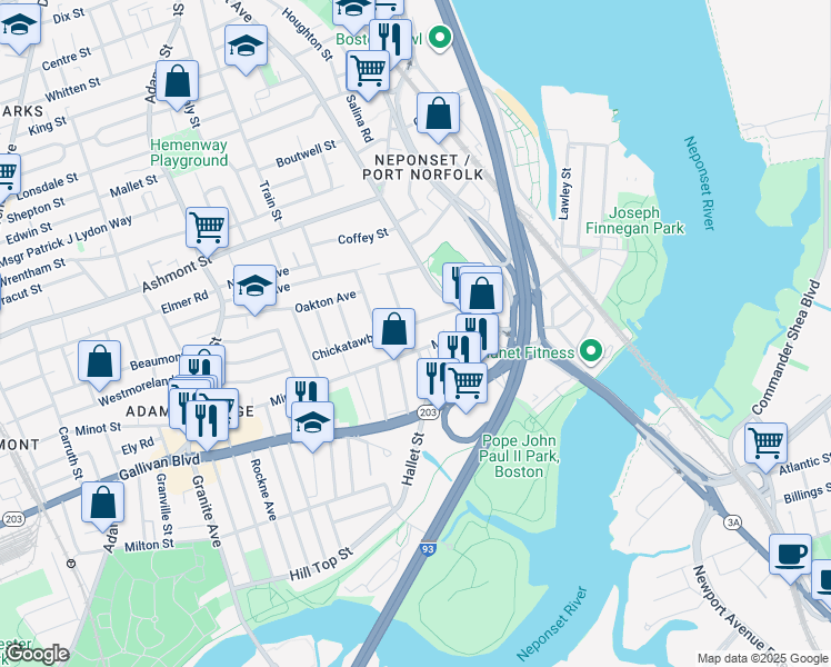map of restaurants, bars, coffee shops, grocery stores, and more near 35 Chickatawbut Street in Boston