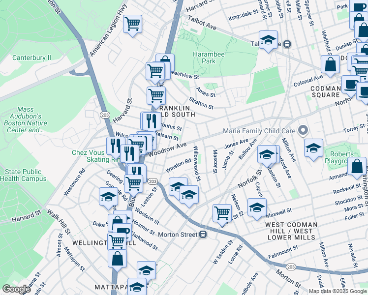 map of restaurants, bars, coffee shops, grocery stores, and more near 35 Irma Street in Boston