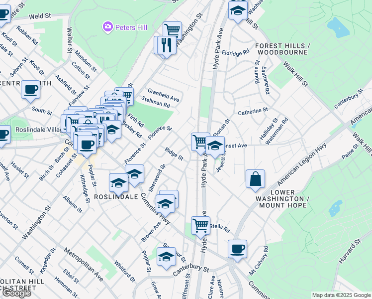 map of restaurants, bars, coffee shops, grocery stores, and more near 108 Sherwood Street in Boston