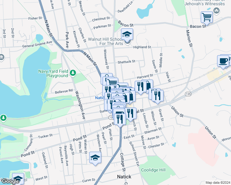 map of restaurants, bars, coffee shops, grocery stores, and more near 19 Walnut Street in Natick