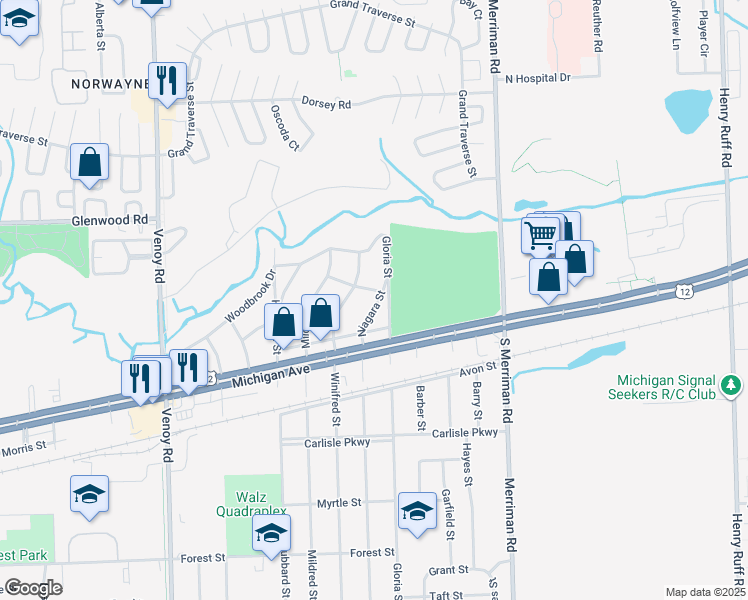 map of restaurants, bars, coffee shops, grocery stores, and more near 3109 Winifred Street in Wayne
