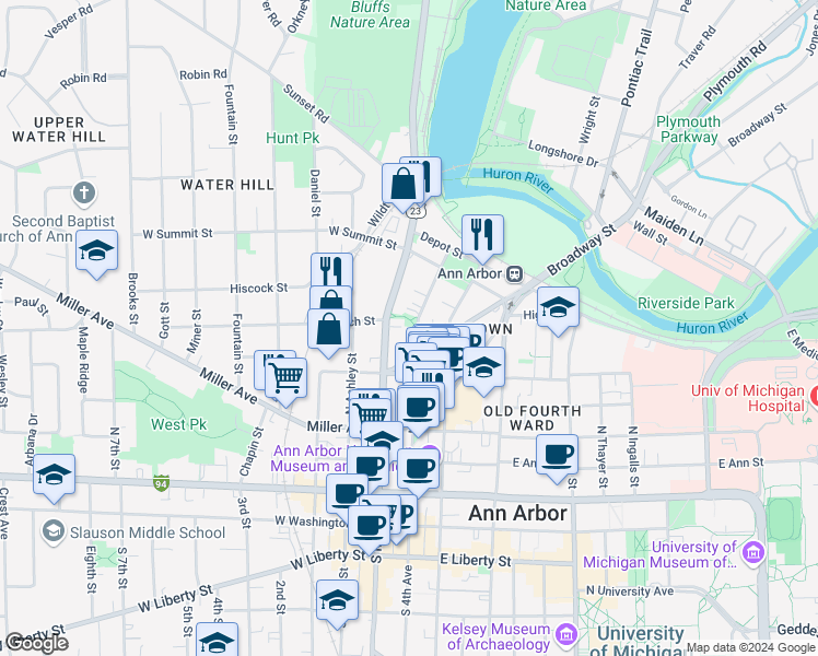 map of restaurants, bars, coffee shops, grocery stores, and more near 546 North Main Street in Ann Arbor