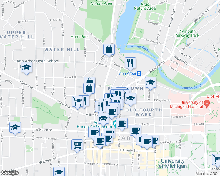 map of restaurants, bars, coffee shops, grocery stores, and more near 546 North Main Street in Ann Arbor