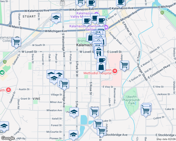 map of restaurants, bars, coffee shops, grocery stores, and more near 218 West Walnut Street in Kalamazoo