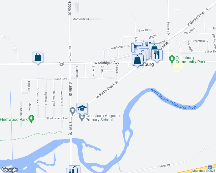 map of restaurants, bars, coffee shops, grocery stores, and more near 234 West Battle Creek Street in Galesburg