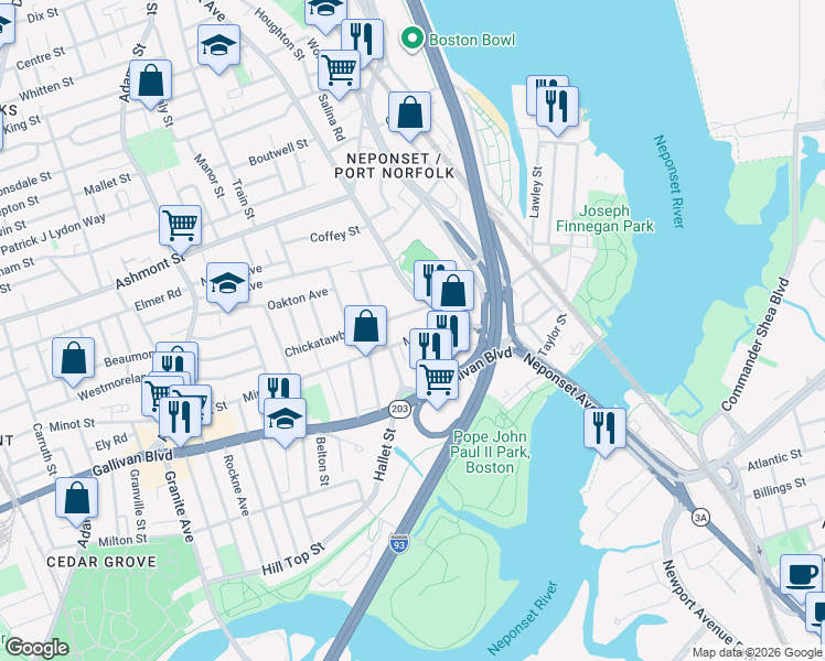map of restaurants, bars, coffee shops, grocery stores, and more near 10 Chickatawbut Street in Boston