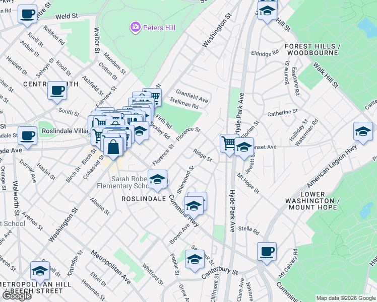 map of restaurants, bars, coffee shops, grocery stores, and more near 175 Sycamore Street in Boston