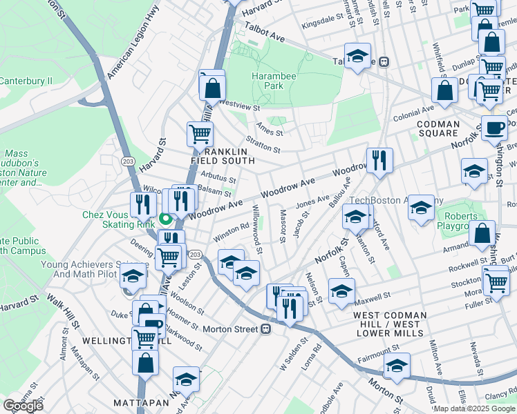 map of restaurants, bars, coffee shops, grocery stores, and more near 8 Willowwood Street in Boston