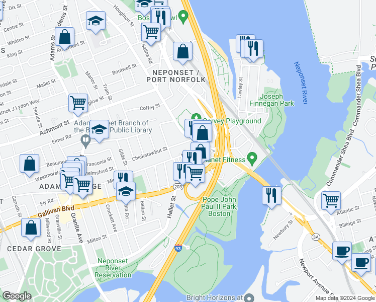 map of restaurants, bars, coffee shops, grocery stores, and more near 10 Chickatawbut Street in Boston