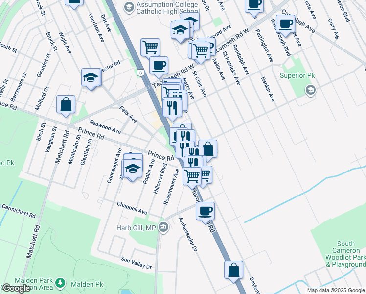 map of restaurants, bars, coffee shops, grocery stores, and more near 1690 Huron Church Road in Windsor