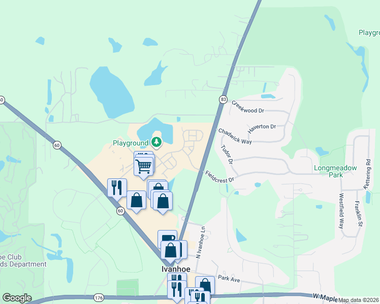 map of restaurants, bars, coffee shops, grocery stores, and more near 2731 Fieldcrest Drive in Mundelein