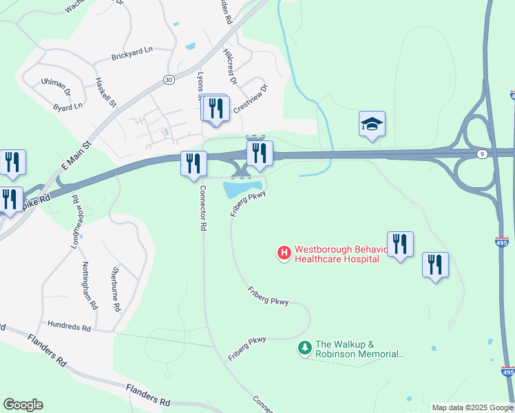 map of restaurants, bars, coffee shops, grocery stores, and more near 1 Research Drive in Westborough