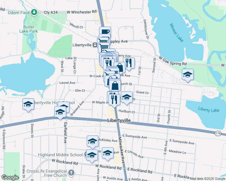 map of restaurants, bars, coffee shops, grocery stores, and more near 344 North Milwaukee Avenue in Libertyville