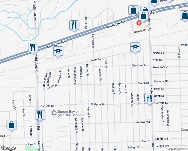 map of restaurants, bars, coffee shops, grocery stores, and more near 3257 Harrison Street in Inkster
