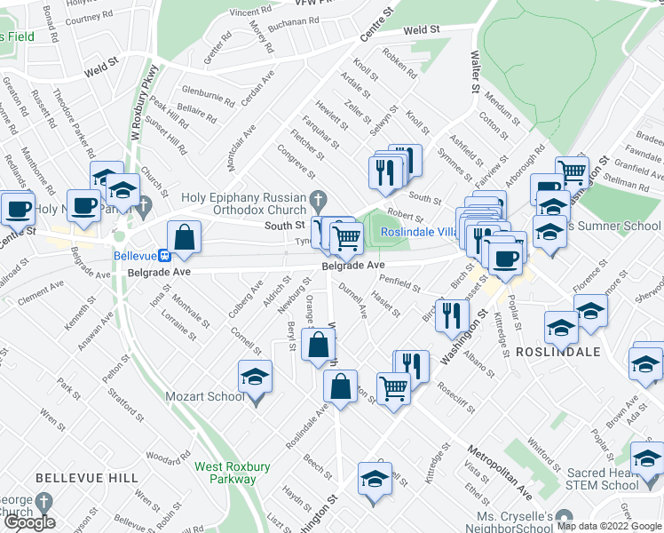 map of restaurants, bars, coffee shops, grocery stores, and more near Belgrade Ave & Walworth St in Boston