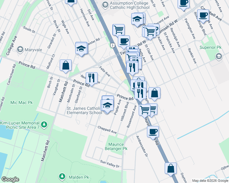 map of restaurants, bars, coffee shops, grocery stores, and more near in Windsor