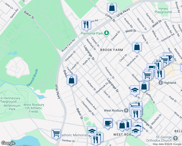 map of restaurants, bars, coffee shops, grocery stores, and more near 23 Bertson Avenue in Boston