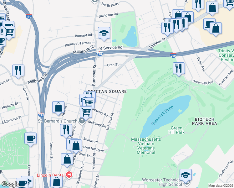 map of restaurants, bars, coffee shops, grocery stores, and more near 31 Shaffner Street in Worcester