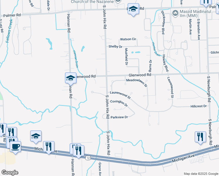 map of restaurants, bars, coffee shops, grocery stores, and more near 38835 Meadowlawn Street in Wayne