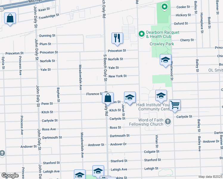 map of restaurants, bars, coffee shops, grocery stores, and more near 3333 South Beech Daly Street in Dearborn Heights