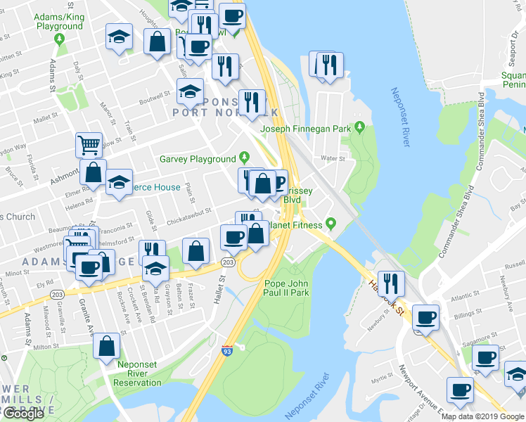 map of restaurants, bars, coffee shops, grocery stores, and more near 14 Minot Street in Boston