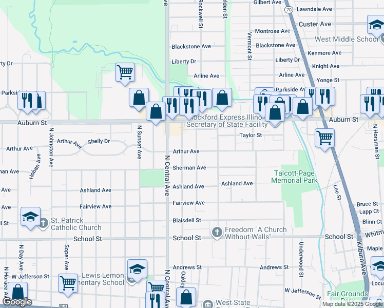 map of restaurants, bars, coffee shops, grocery stores, and more near 1007 Irving Avenue in Rockford