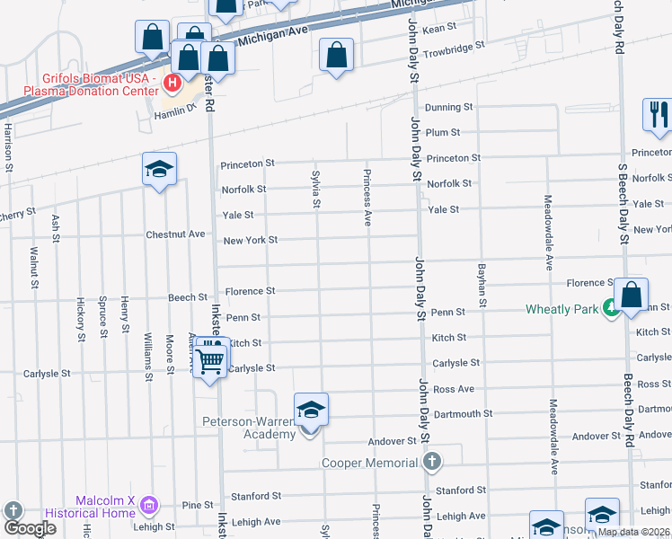 map of restaurants, bars, coffee shops, grocery stores, and more near 26915 Notre Dame Street in Inkster