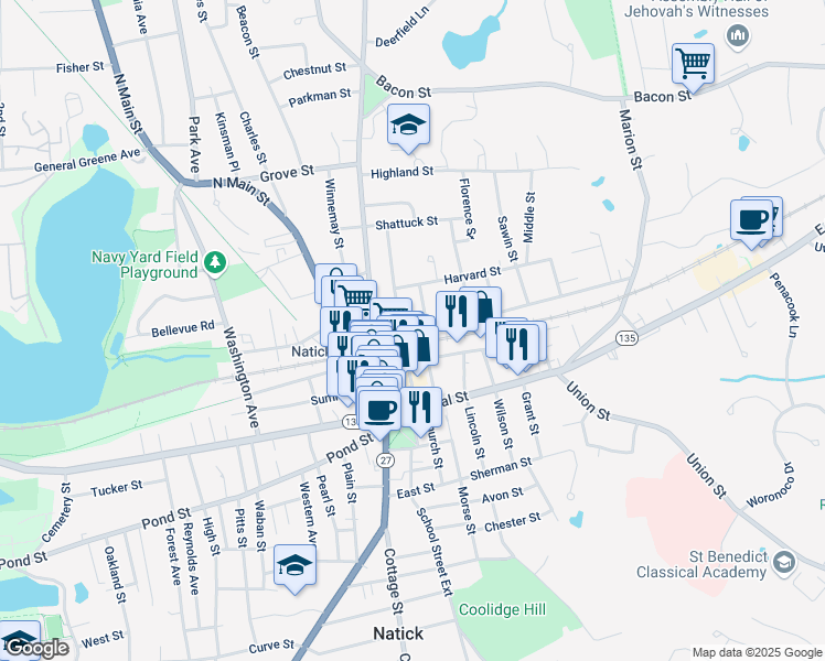 map of restaurants, bars, coffee shops, grocery stores, and more near 2 Franklin Street in Natick