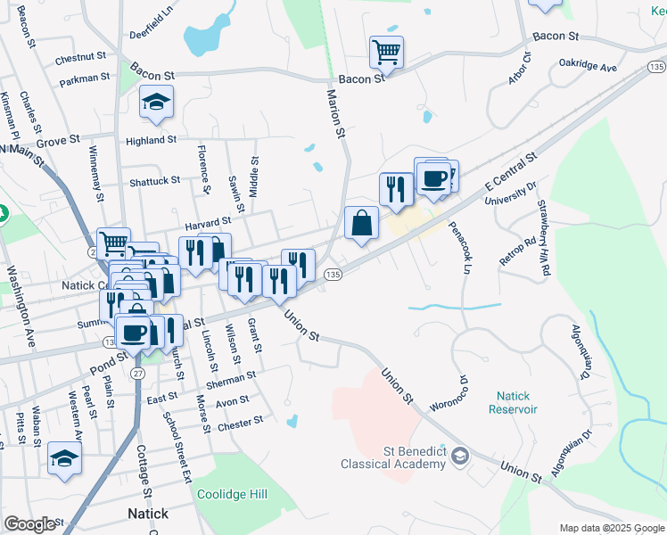 map of restaurants, bars, coffee shops, grocery stores, and more near 22 Marion Street in Natick