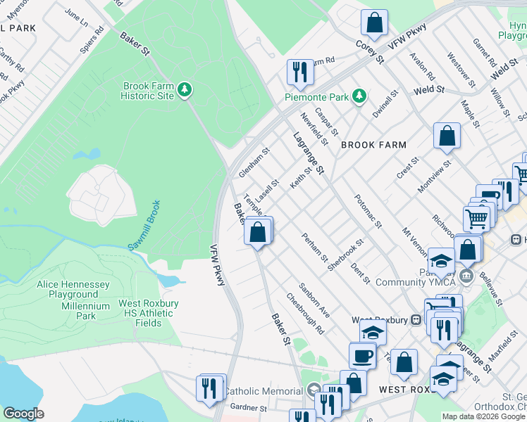 map of restaurants, bars, coffee shops, grocery stores, and more near 74 Keith Street in Boston