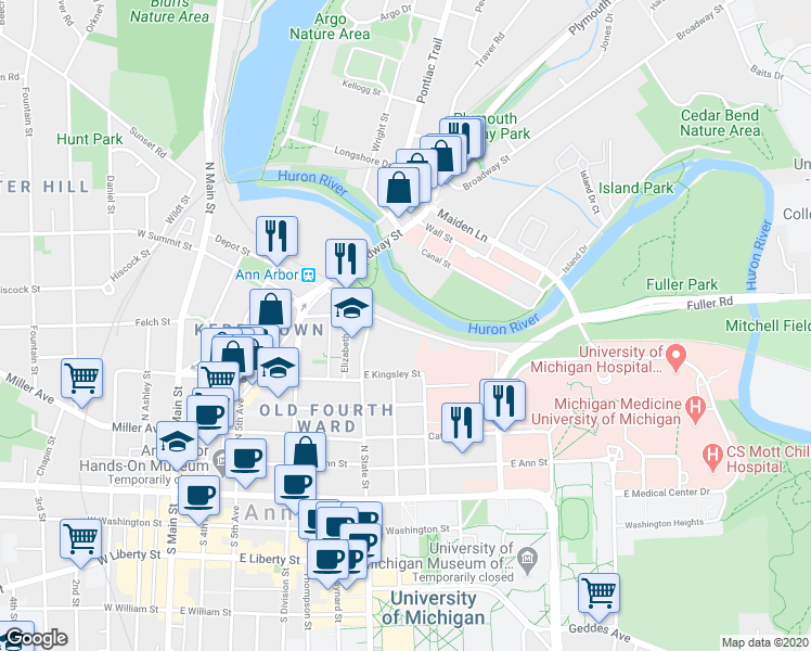 map of restaurants, bars, coffee shops, grocery stores, and more near 218 Fuller Street in Ann Arbor