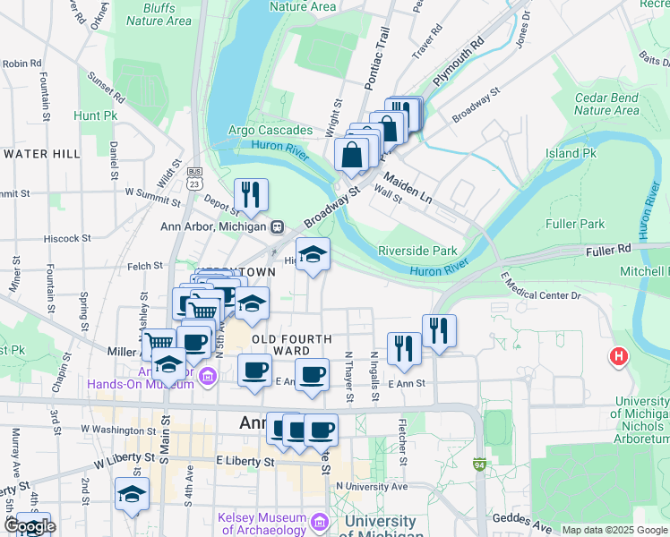 map of restaurants, bars, coffee shops, grocery stores, and more near 544 North State Street in Ann Arbor