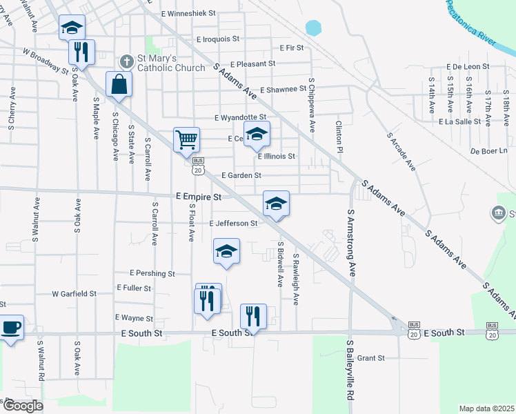 map of restaurants, bars, coffee shops, grocery stores, and more near 717 East Empire Street in Freeport