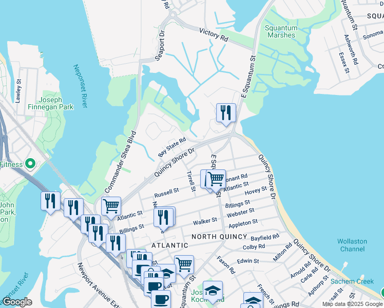 map of restaurants, bars, coffee shops, grocery stores, and more near 105 Alstead Street in Quincy