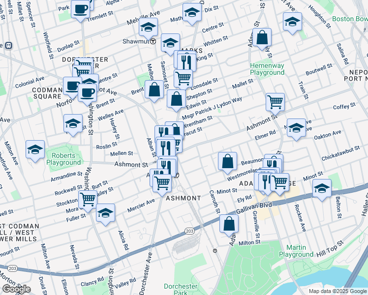 map of restaurants, bars, coffee shops, grocery stores, and more near 240 Ashmont Street in Boston
