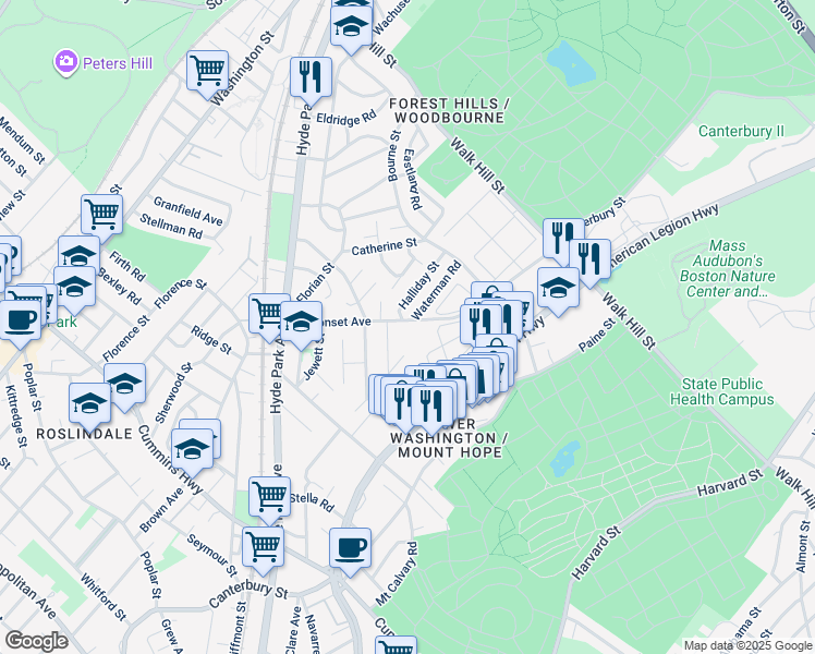 map of restaurants, bars, coffee shops, grocery stores, and more near 105 Neponset Avenue in Boston