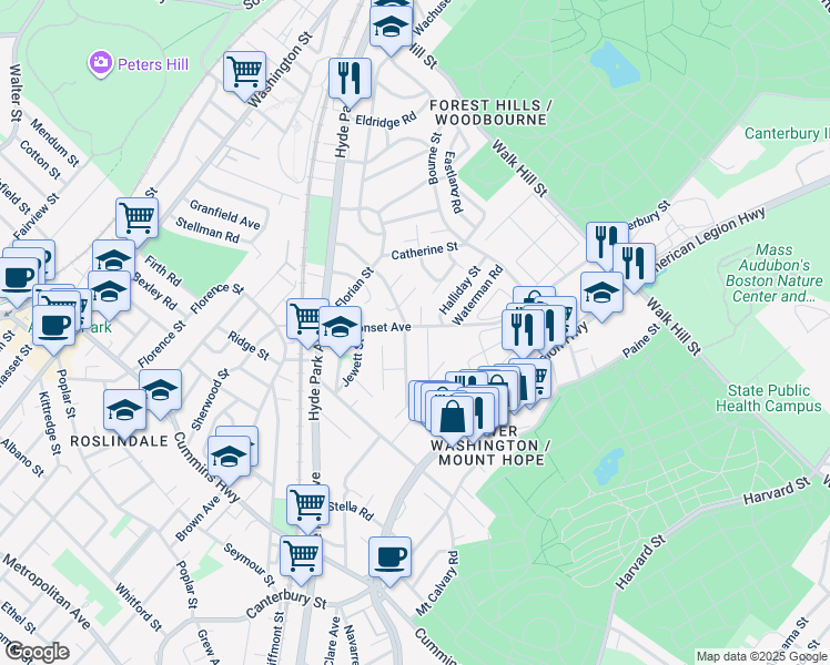 map of restaurants, bars, coffee shops, grocery stores, and more near 76 Neponset Avenue in Boston
