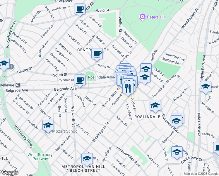 map of restaurants, bars, coffee shops, grocery stores, and more near 40 Belgrade Avenue in Boston