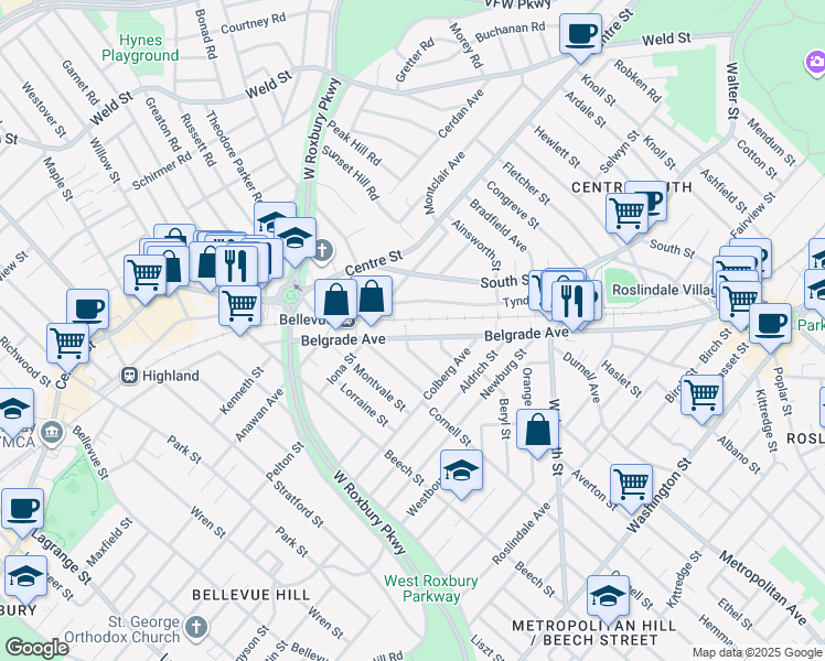 map of restaurants, bars, coffee shops, grocery stores, and more near 293 Belgrade Avenue in Boston