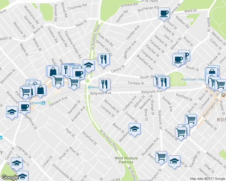 map of restaurants, bars, coffee shops, grocery stores, and more near 293 Belgrade Avenue in Boston