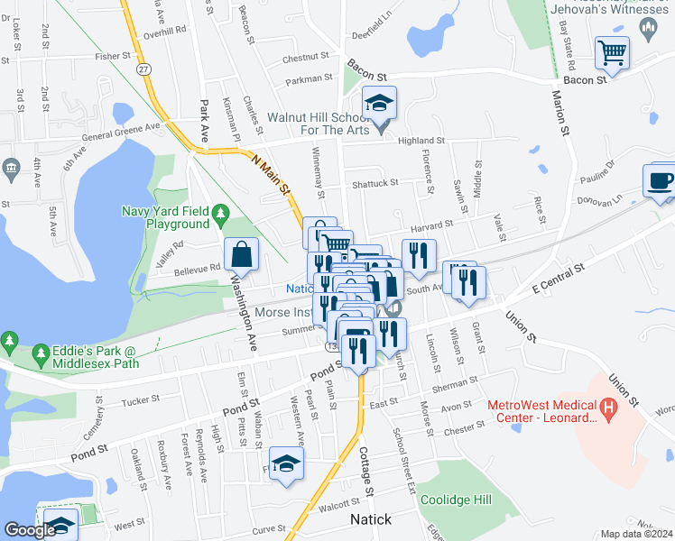 map of restaurants, bars, coffee shops, grocery stores, and more near 25 North Main Street in Natick