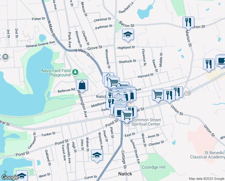 map of restaurants, bars, coffee shops, grocery stores, and more near 25 North Main Street in Natick