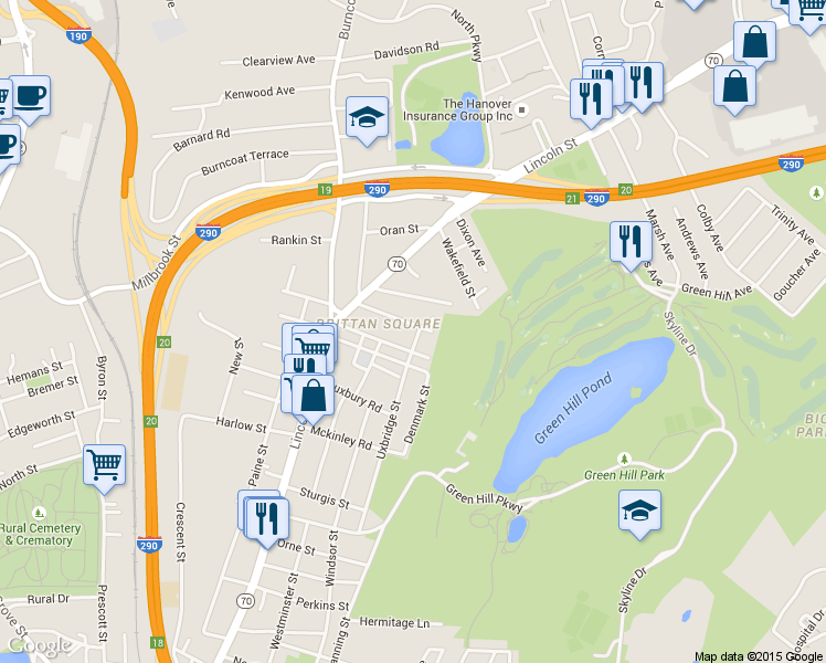 map of restaurants, bars, coffee shops, grocery stores, and more near 31 Shaffner Street in Worcester