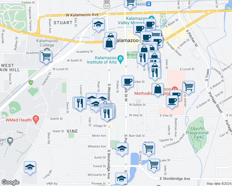 map of restaurants, bars, coffee shops, grocery stores, and more near 432 West Walnut Street in Kalamazoo