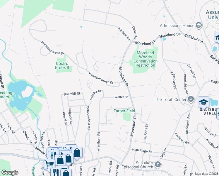 map of restaurants, bars, coffee shops, grocery stores, and more near 15 Green View Lane in Worcester