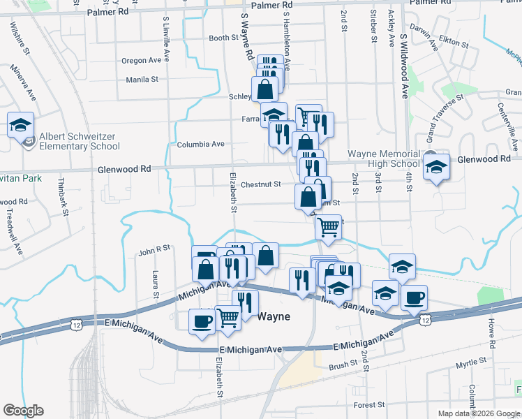 map of restaurants, bars, coffee shops, grocery stores, and more near 35311 Elm Street in Wayne