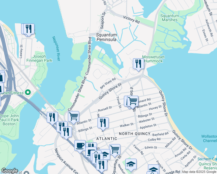map of restaurants, bars, coffee shops, grocery stores, and more near 220 Quincy Shore Drive in Quincy